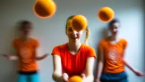Jonglieren Workshop - Eine junge Frau lernt das Jonglieren mit 3 Bällen